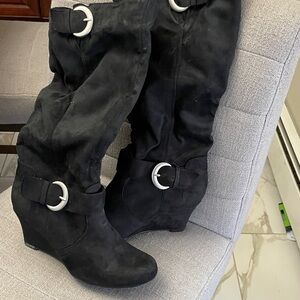 Aldo Black Wedge Boots with Silver Buckles